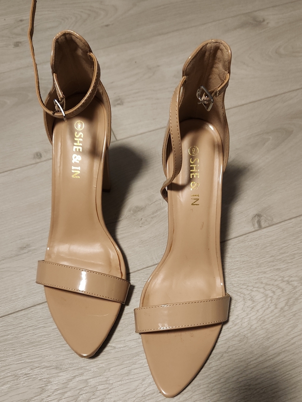 Nude Patent Ankle-Strap Pointed-Toe BLOCK Heels